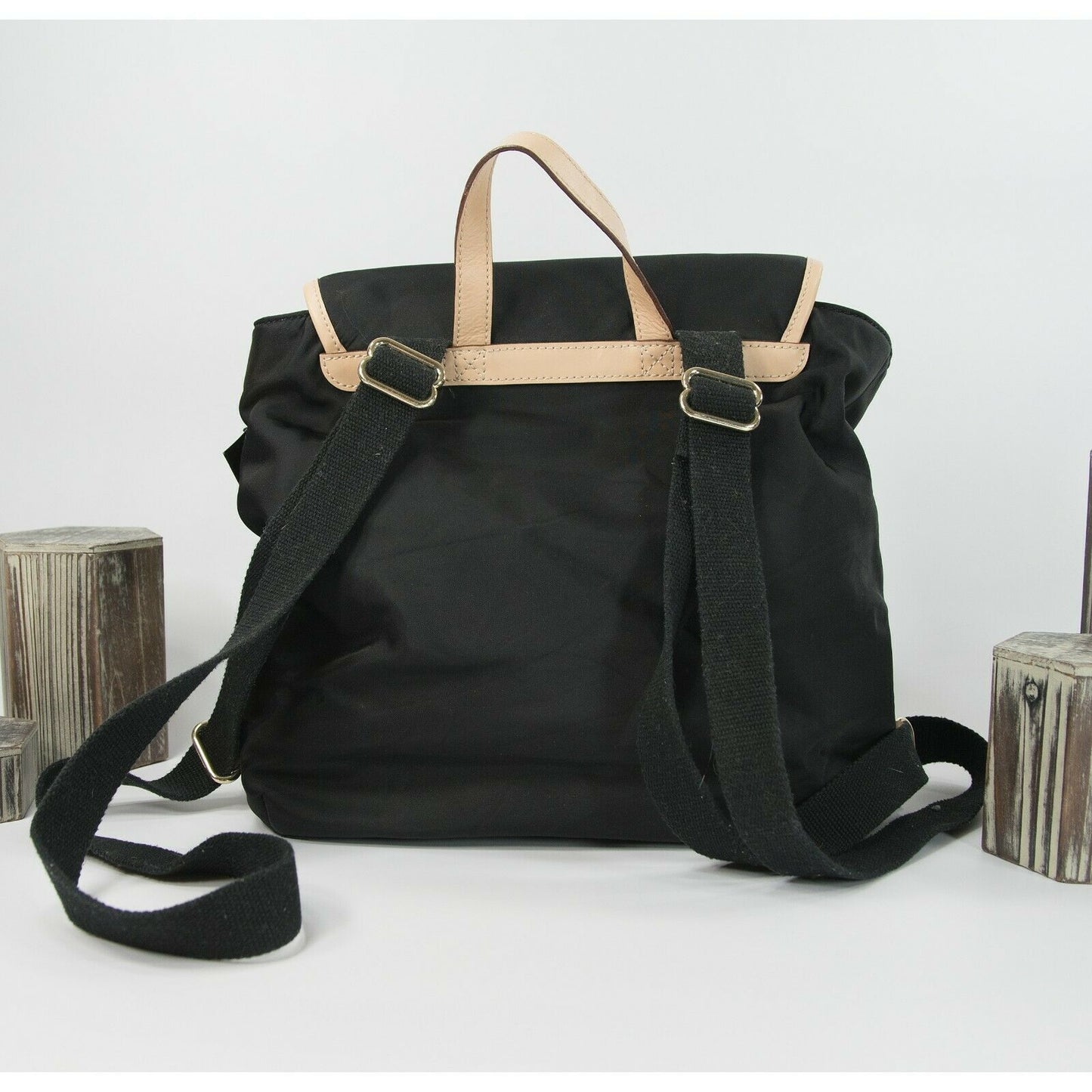 Kate Spade Kennedy Park Black Nylon Natural Leather Drawstring Neko Backpack