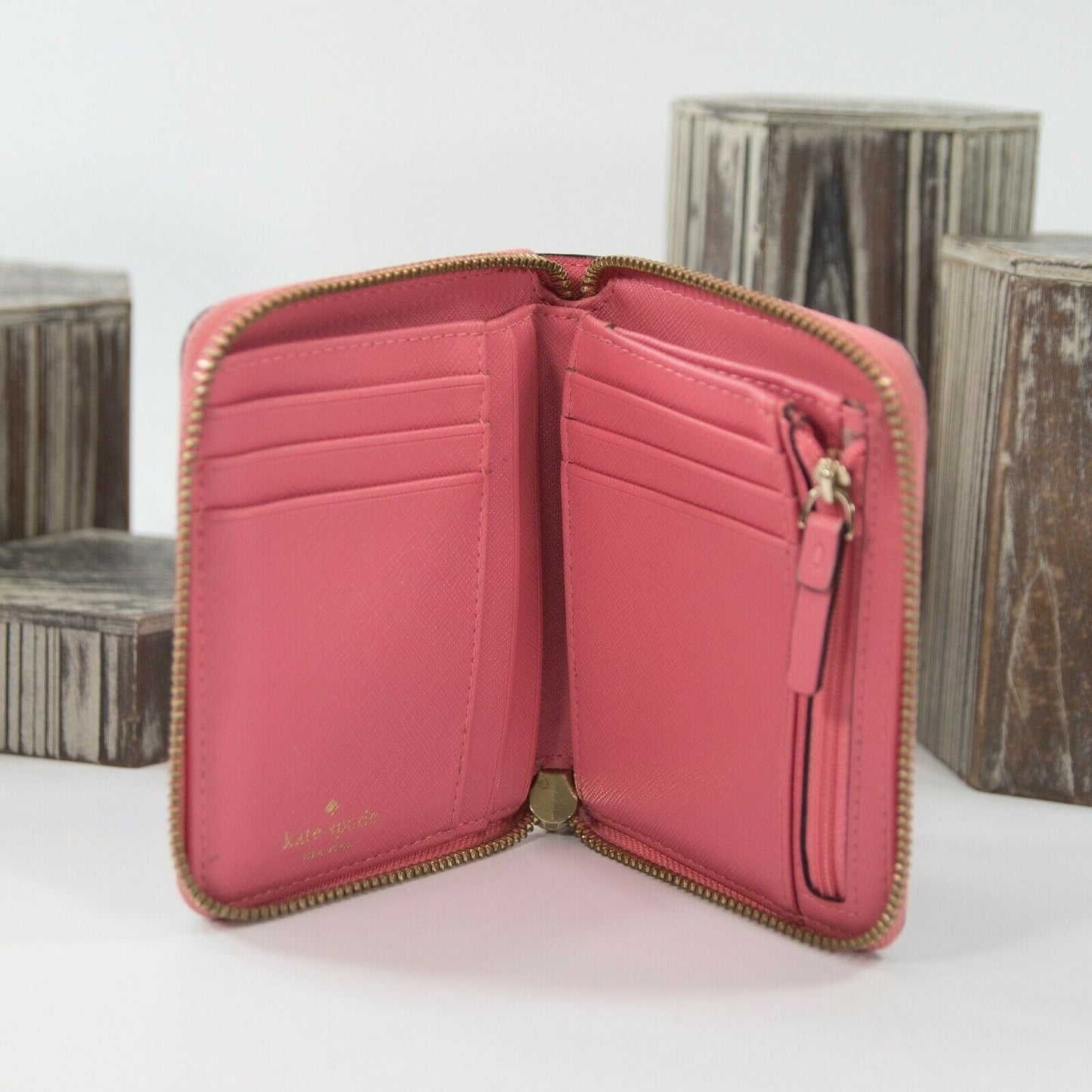 Kate Spade Newbury Lane Salmon Pink Saffiano Leather Zip Around Compact Wallet